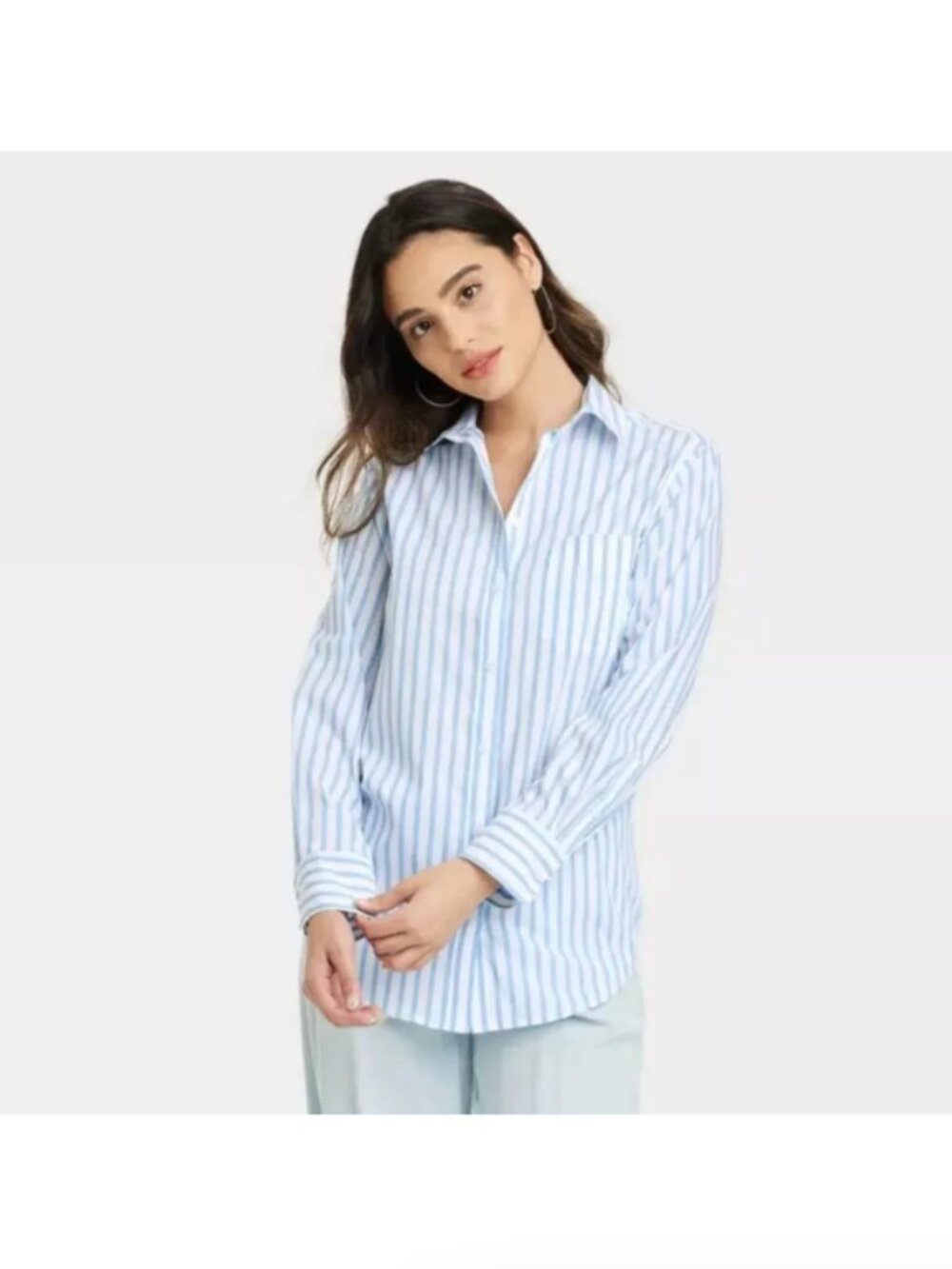 A New Day Light Blue & White Vertical Stripe Long Sleeve Button Down XL